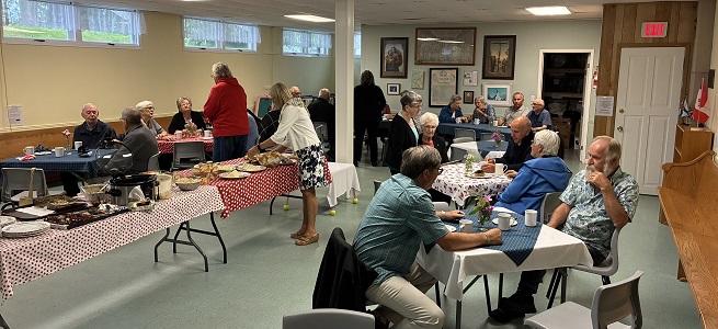 Members of the parish gathered after church on June 29 for a potluck to honour and say so long to Catherin Chandler and her husband, Paul Smith, as they prepare to move to Ottawa to be near their children.